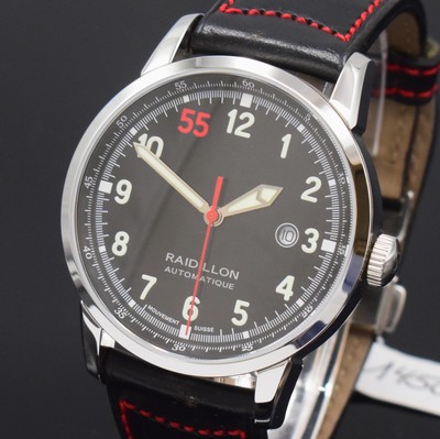 26790235a - RAIDILLON limited gents wristwatch in steel, self winding, on 55 pieces limited model, original leather strap with deployant clasp, on both sides glazed, snap on case back, black dial with luminous numerals, luminous hands, date at 3, diameter approx. 42,5 cm, condition 2