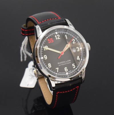 26790235c - RAIDILLON limited gents wristwatch in steel, self winding, on 55 pieces limited model, original leather strap with deployant clasp, on both sides glazed, snap on case back, black dial with luminous numerals, luminous hands, date at 3, diameter approx. 42,5 cm, condition 2