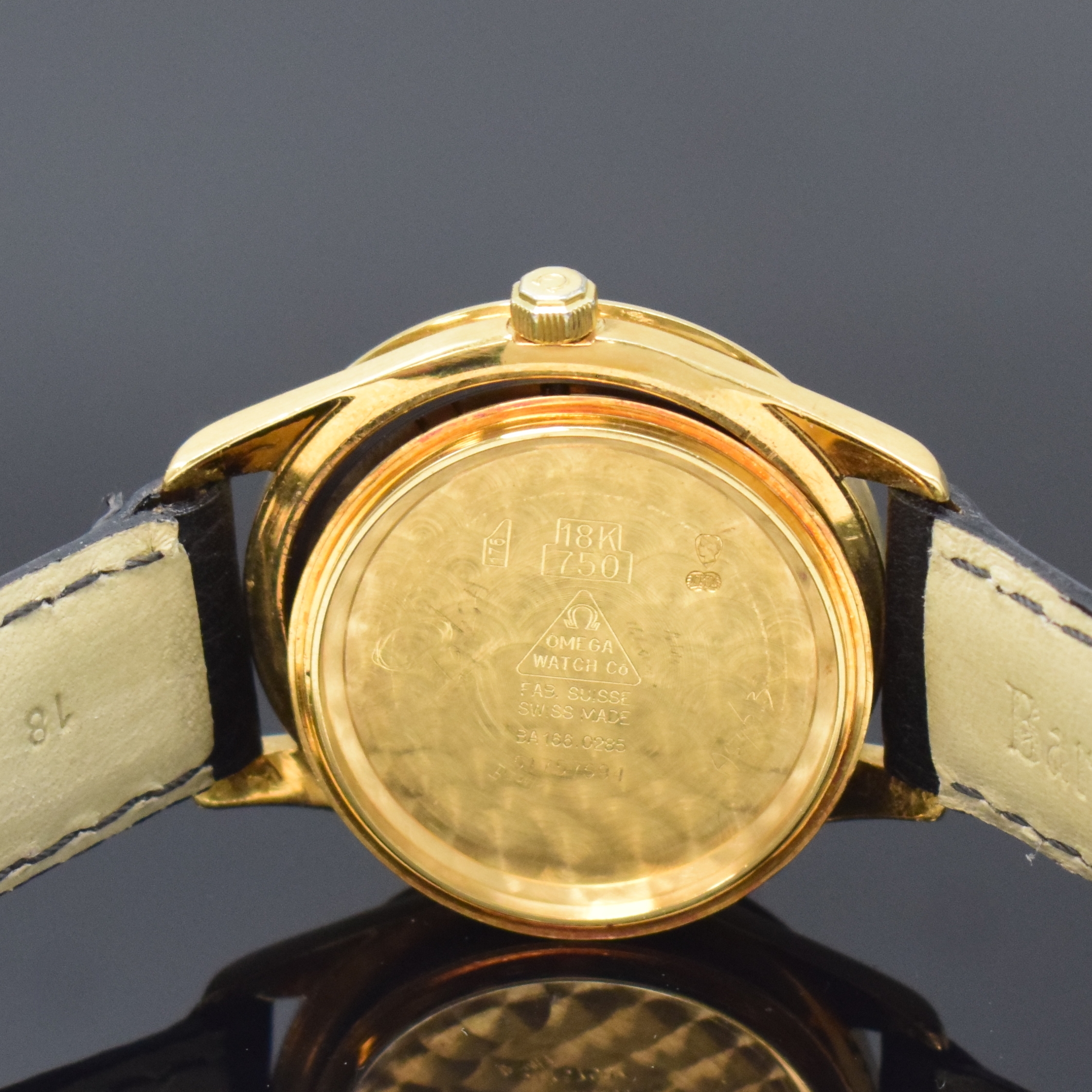 Detail g: OMEGA Herrenarmbanduhr "Speedmaster Classic" in GG 750/000 Referenz BA 166.0285, Schweiz um 1990, Automatik, Boden aufgedr., gold. ...