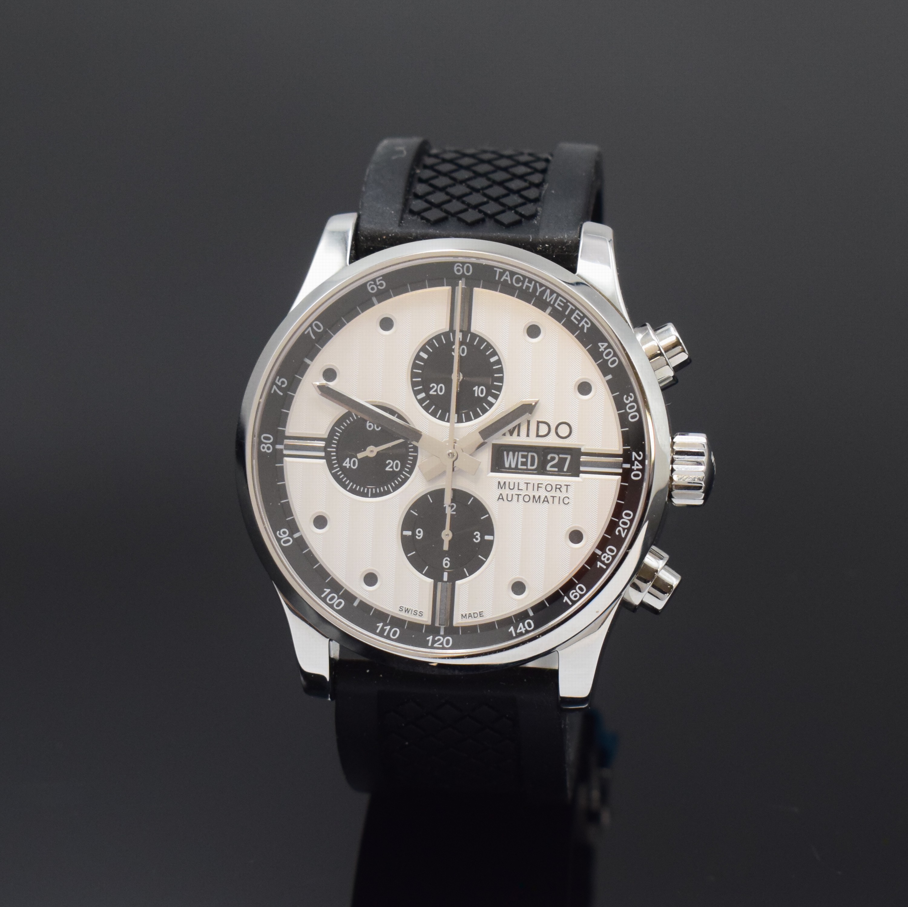 MIDO Multifort Herrenchronograph Referenz M005614A, Schweiz um 2010, Automatik, Edelstahlgeh. inkl. neutr. Kautschukband m. Faltschl., beids. vergl., ...