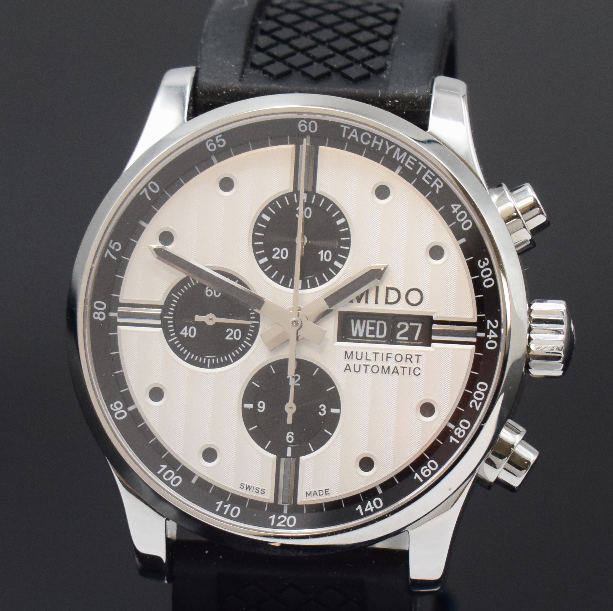 Detail a: MIDO Multifort Herrenchronograph Referenz M005614A, Schweiz um 2010, Automatik, Edelstahlgeh. inkl. neutr. Kautschukband m. Faltschl., beids. vergl., ...
