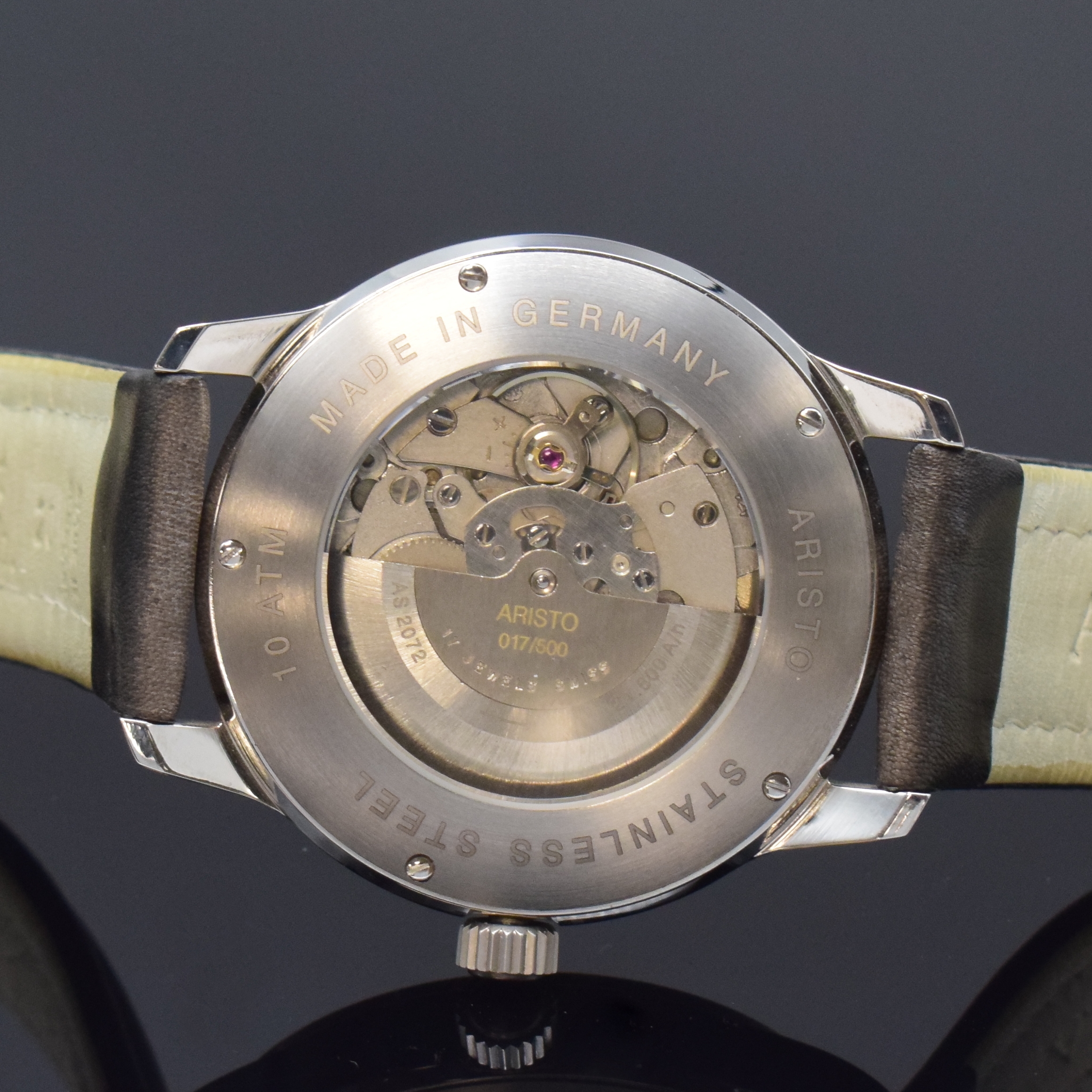 Detail d: ARISTO 7H17 Offizier auf 500 Stück limitierte Herrenarmbanduhr, Deutschland um 2010, Automatik, Edelstahlgeh. inkl. orig. Lederband m. Dornschl., ...