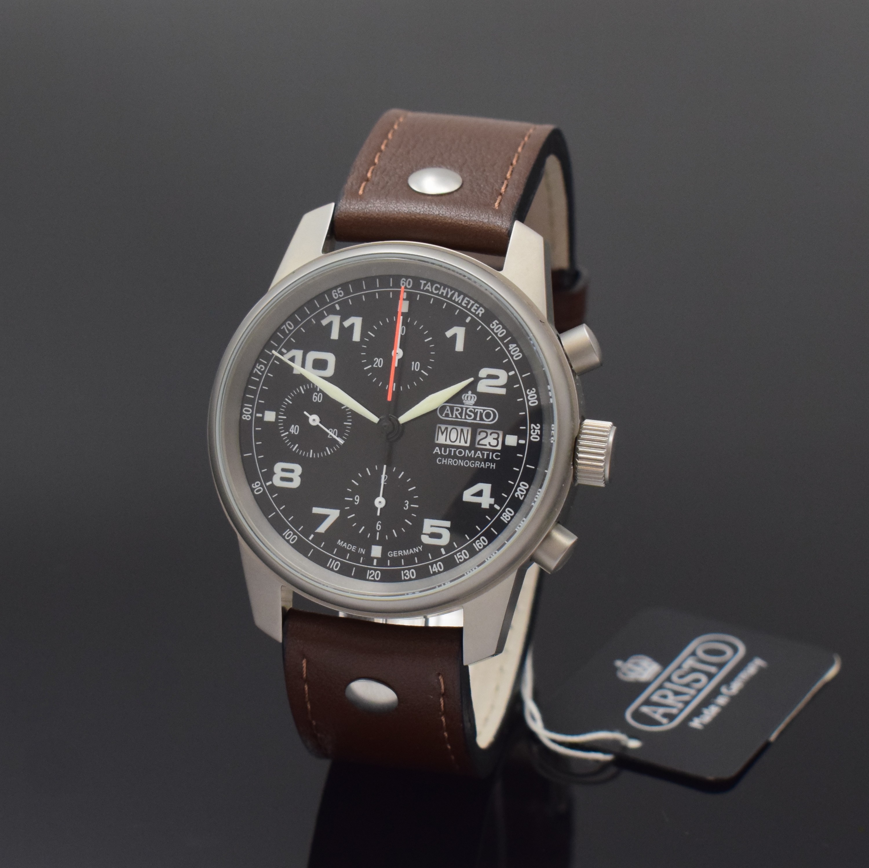 ARISTO Fliegerchronograph Herrenarmbanduhr Referenz 3H129, Deutschland um 2010, Automatik, mattiertes Edelstahlgeh. inkl. neutr. Lederband u. ...