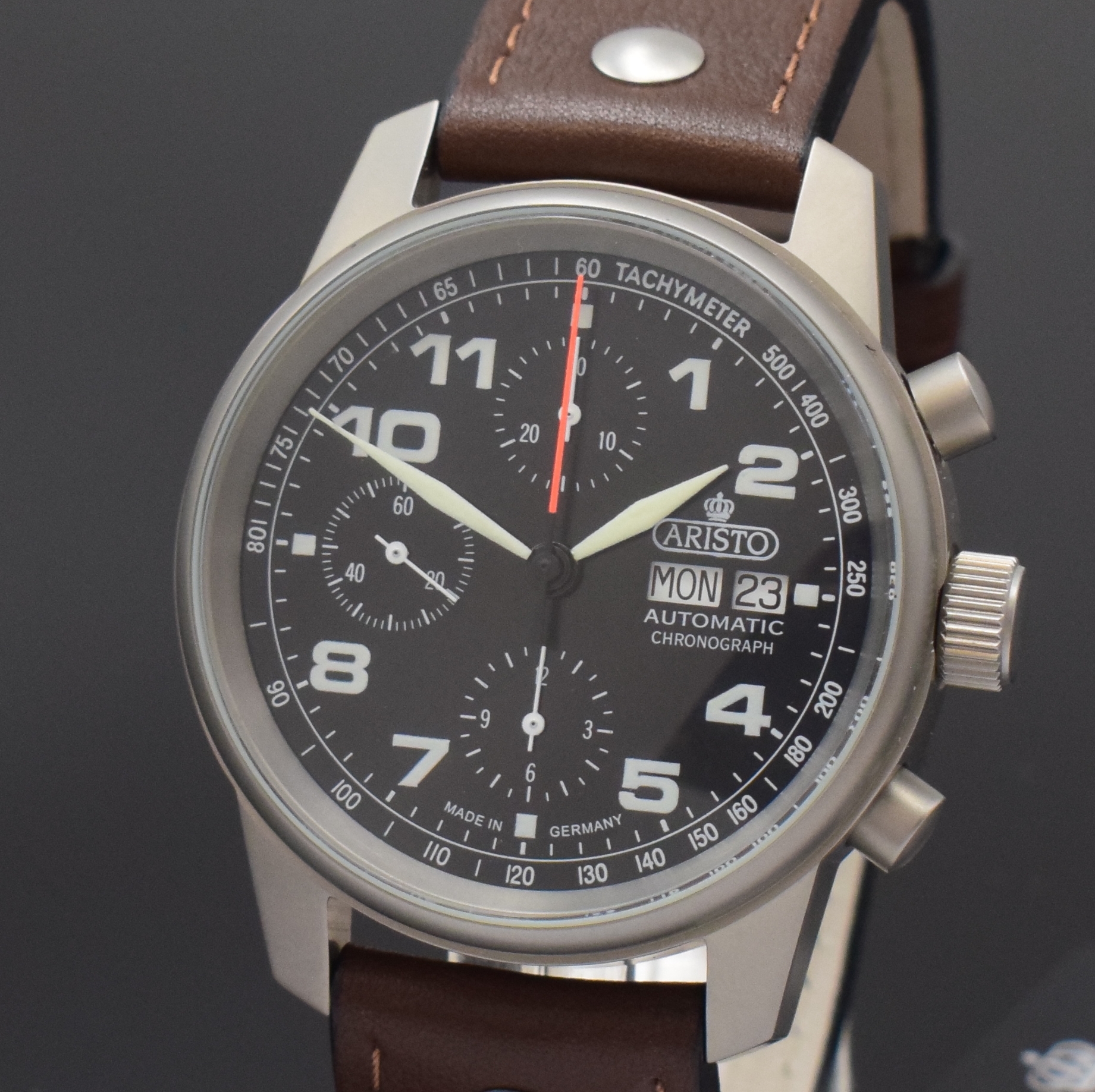 Detail a: ARISTO Fliegerchronograph Herrenarmbanduhr Referenz 3H129, Deutschland um 2010, Automatik, mattiertes Edelstahlgeh. inkl. neutr. Lederband u. ...