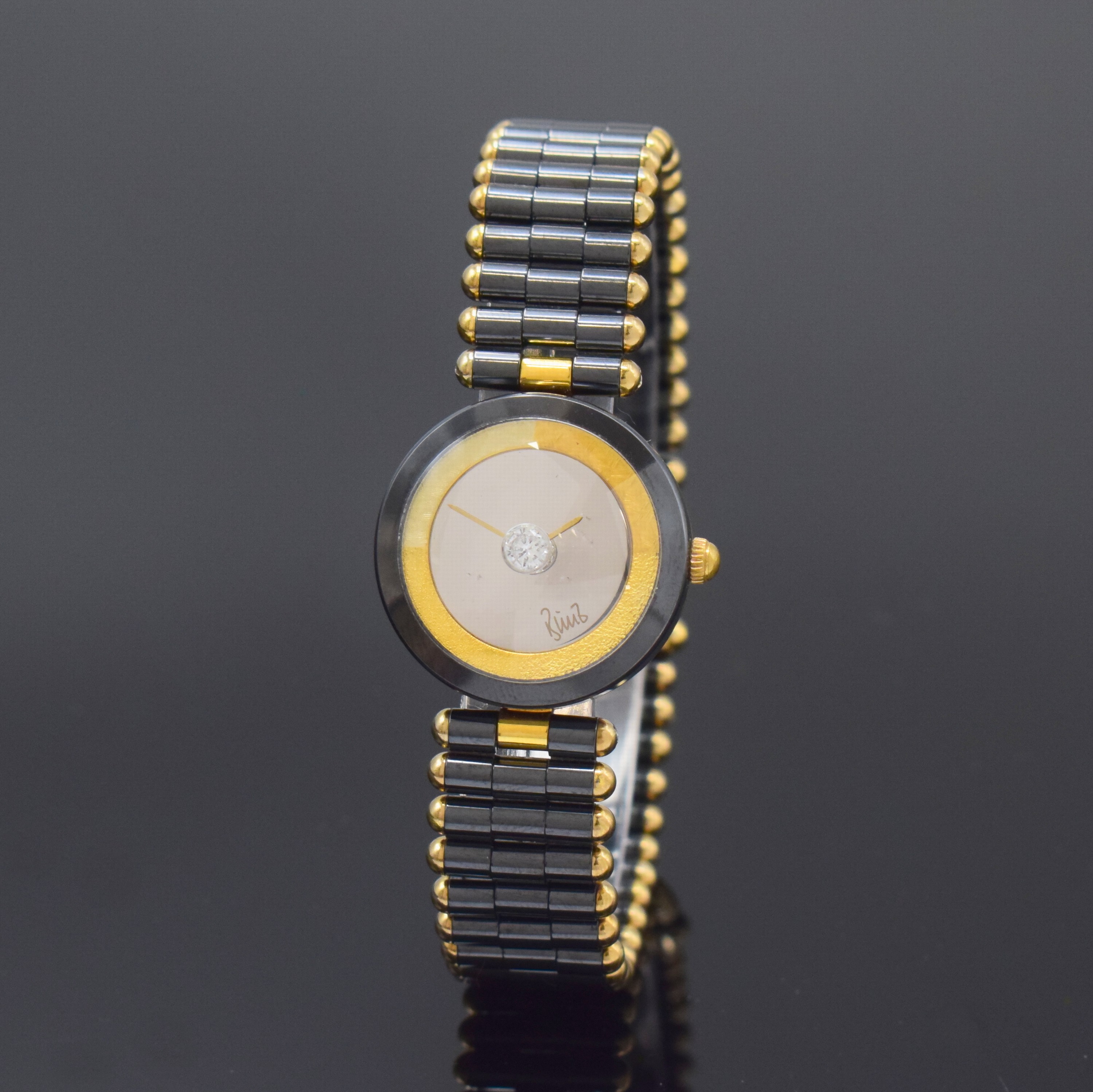 BUNZ Damenarmbanduhr in Keramik, Schweiz um 2010, quarz, verg. Boden 4-fach verschr., orig. Gliederband m. dopp. Faltschl., verspiegeltes Zifferbl. ...