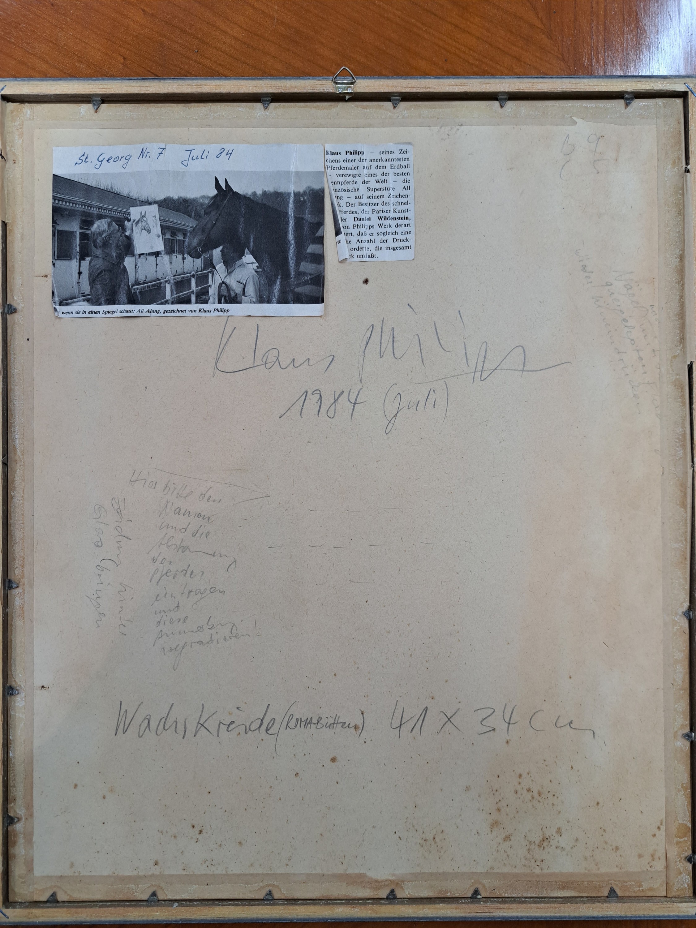Detail b: Klaus Philipp, Pferdeporträt und Bildband, 1. Pferdeporträt einer Hannoveraner Stute, Abstammung: Hengst Adlerfarn II., Wachskreide, von 1984, ...