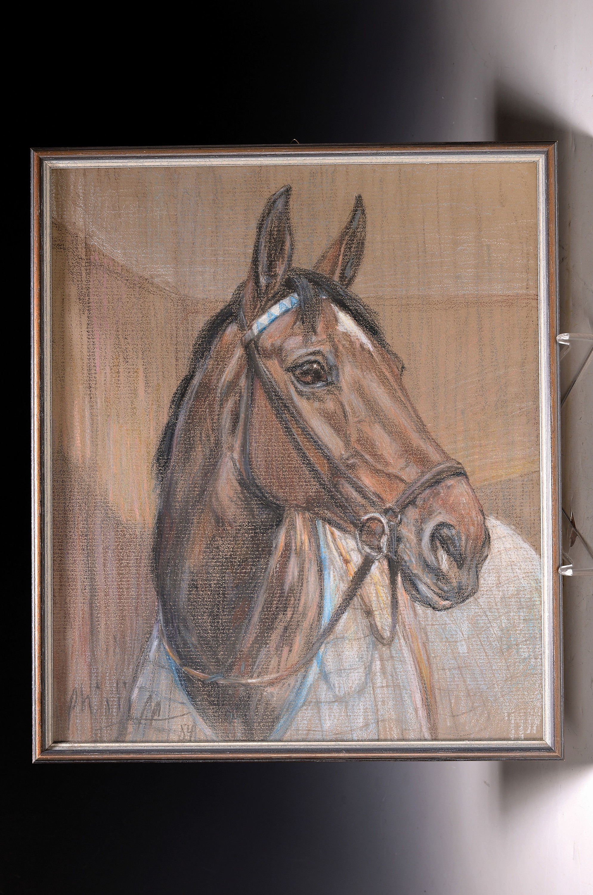 Klaus Philipp, Pferdeporträt und Bildband Pferdeporträt, Wachskreide, von 1984, li. u. signiert und datiert, ca. 40 x 34 cm, unter Glas, passende ...