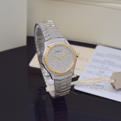 26790366c - EBEL mint, to 200 pieces limited ladies wristwatch Sport Classic reference 1216563, stainless steel/gold combined including wave bracelet with butterfly buckle, quartz, case back screwed-down 4-times, bezel such as dial lavish with original Brillantbesatz additional approx. 0,813 ct, display of hours & minutes, diameter approx. 29 mm, length approx. 18,5 cm, original box, Edelsteinzertifikat & warranty papers, condition 1