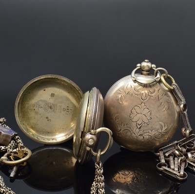 26790384c - Set of 2 pocket watches for the ottoman market in silver with chains, around 1880, key winding, engine-turned case abraded/dent, enamel dials with türkischen numerals, constant second at 6, gold-plated lever movements, diameter approx. 52 and 55 mm, condition 3-4