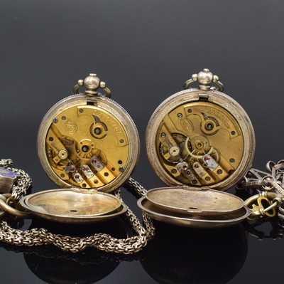 26790384e - Set of 2 pocket watches for the ottoman market in silver with chains, around 1880, key winding, engine-turned case abraded/dent, enamel dials with türkischen numerals, constant second at 6, gold-plated lever movements, diameter approx. 52 and 55 mm, condition 3-4