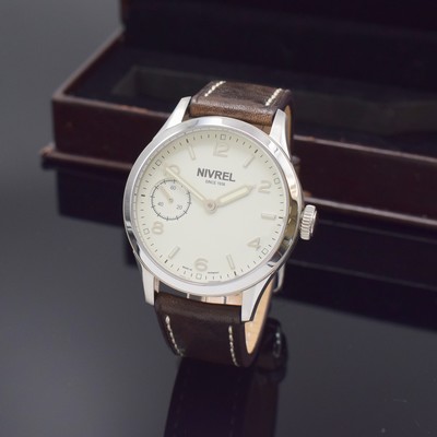 Image NIVREL mint gents wristwatch reference N322.001, manual winding, on both sides glazed stainless steel case including original leather strap with original buckle, case back screwed-down 4-times, white dial with applied indices, silvered luminous hands, display of hours, minutes & constant second, diameter approx. 44 mm, original box & warranty papers, condition 1