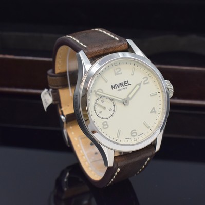 26790433b - NIVREL mint gents wristwatch reference N322.001, manual winding, on both sides glazed stainless steel case including original leather strap with original buckle, case back screwed-down 4-times, white dial with applied indices, silvered luminous hands, display of hours, minutes & constant second, diameter approx. 44 mm, original box & warranty papers, condition 1