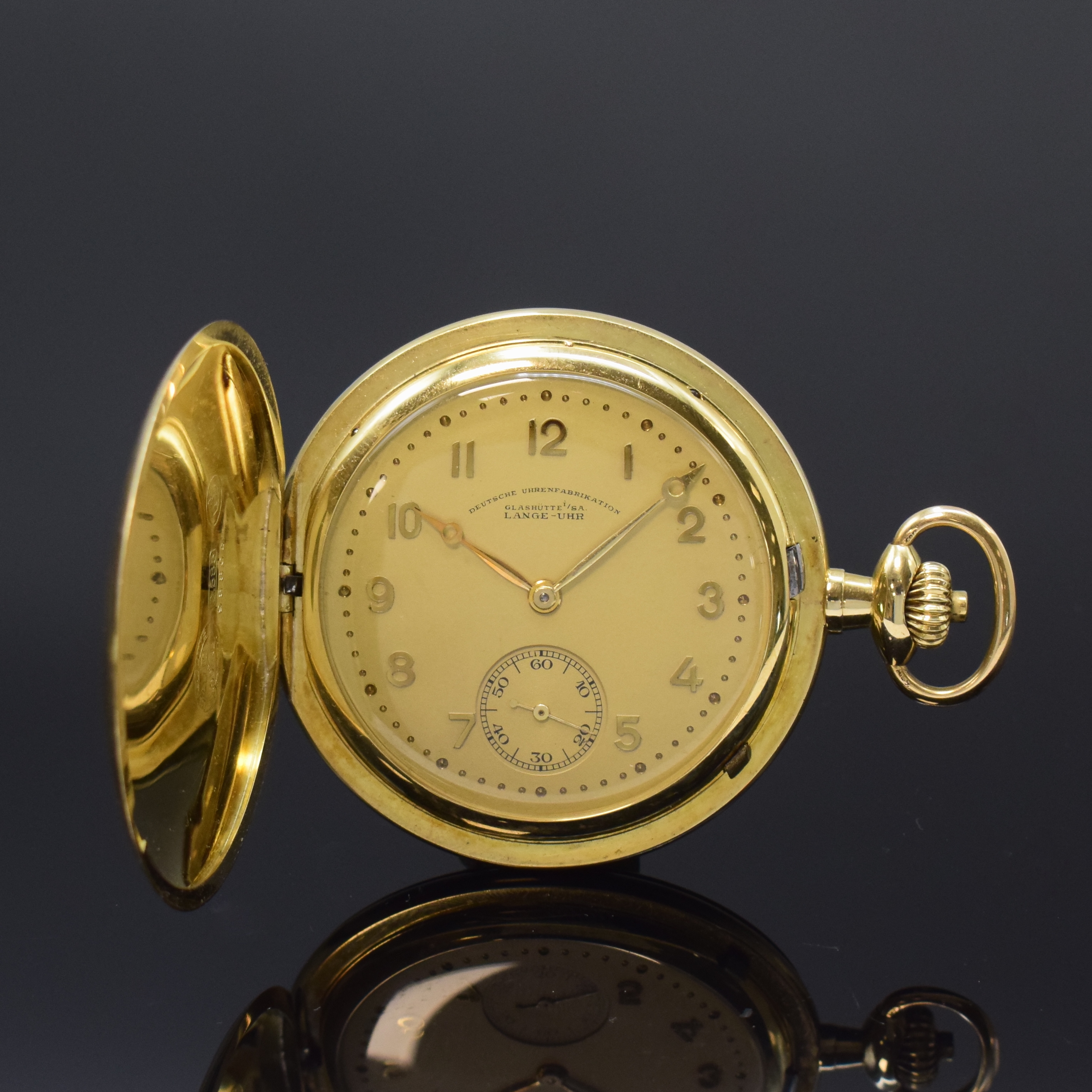 DEUTSCHE UHRENFABRIKATION GLASHÜTTE A. Lange & Söhne Savonette in GG 585/000, Deutschland um 1925, Werk- u. Geh.-Nr. 98805, glattes 3- Deckel ...