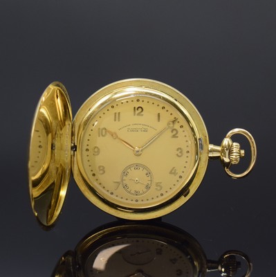 Image 26790565 - DEUTSCHE UHRENFABRIKATION GLASHÜTTE A. Lange & Söhne 14k yellow gold hunting cased pocket watch, Germany around 1925, movement- and case-no. 98805, smooth 3-cover gold case, hunter cover with monogram HK, hunter cover spring has to be renewed, gold-plated metal dial with applied Arabic hours, gold-plated 3/4 plate movement, 15 jewels, frosted gilt, compensation-balance, Breguet balance-spring, swan´s neck regulateur has to be replaced, diameter approx. 51 mm, total weight approx. 86g, condition 3