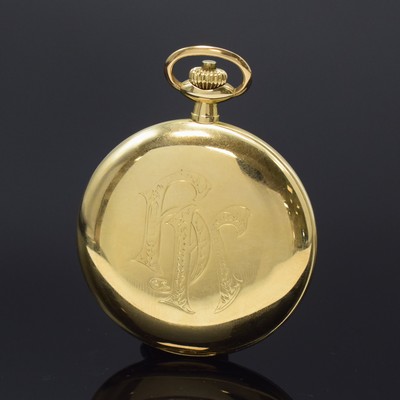 26790565b - DEUTSCHE UHRENFABRIKATION GLASHÜTTE A. Lange & Söhne 14k yellow gold hunting cased pocket watch, Germany around 1925, movement- and case-no. 98805, smooth 3-cover gold case, hunter cover with monogram HK, hunter cover spring has to be renewed, gold-plated metal dial with applied Arabic hours, gold-plated 3/4 plate movement, 15 jewels, frosted gilt, compensation-balance, Breguet balance-spring, swan´s neck regulateur has to be replaced, diameter approx. 51 mm, total weight approx. 86g, condition 3
