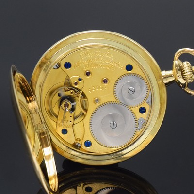 26790565f - DEUTSCHE UHRENFABRIKATION GLASHÜTTE A. Lange & Söhne 14k yellow gold hunting cased pocket watch, Germany around 1925, movement- and case-no. 98805, smooth 3-cover gold case, hunter cover with monogram HK, hunter cover spring has to be renewed, gold-plated metal dial with applied Arabic hours, gold-plated 3/4 plate movement, 15 jewels, frosted gilt, compensation-balance, Breguet balance-spring, swan´s neck regulateur has to be replaced, diameter approx. 51 mm, total weight approx. 86g, condition 3