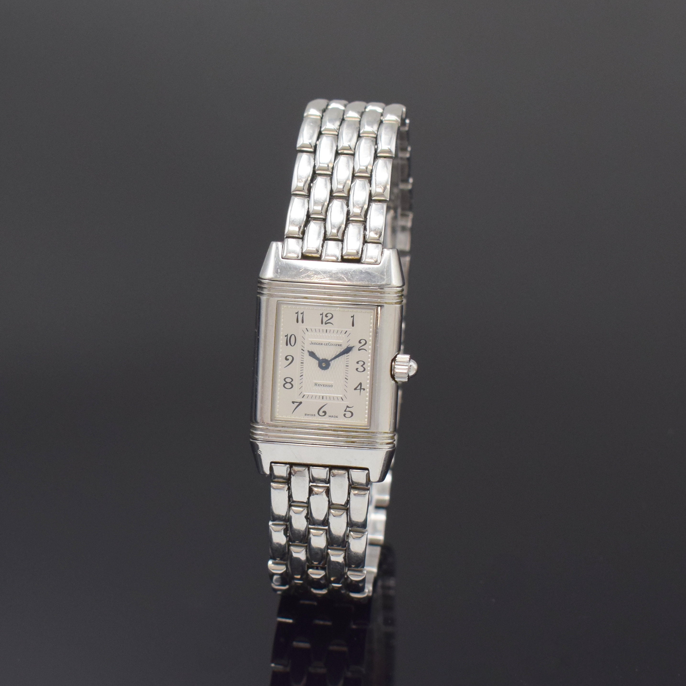 Jaeger-LeCoultre Reverso Duetto Damenarmbanduhr Referenz 266.8.44, Schweiz um 2000, Handaufzug, Edelstahl-Wendegeh., orig. Gliederband m. dopp. ...