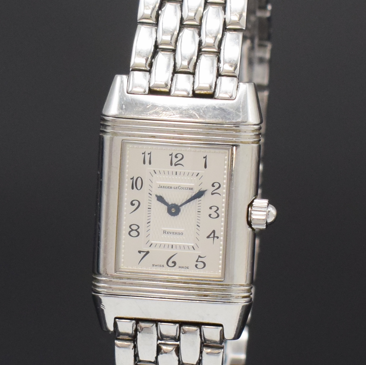Detail a: Jaeger-LeCoultre Reverso Duetto Damenarmbanduhr Referenz 266.8.44, Schweiz um 2000, Handaufzug, Edelstahl-Wendegeh., orig. Gliederband m. dopp. ...