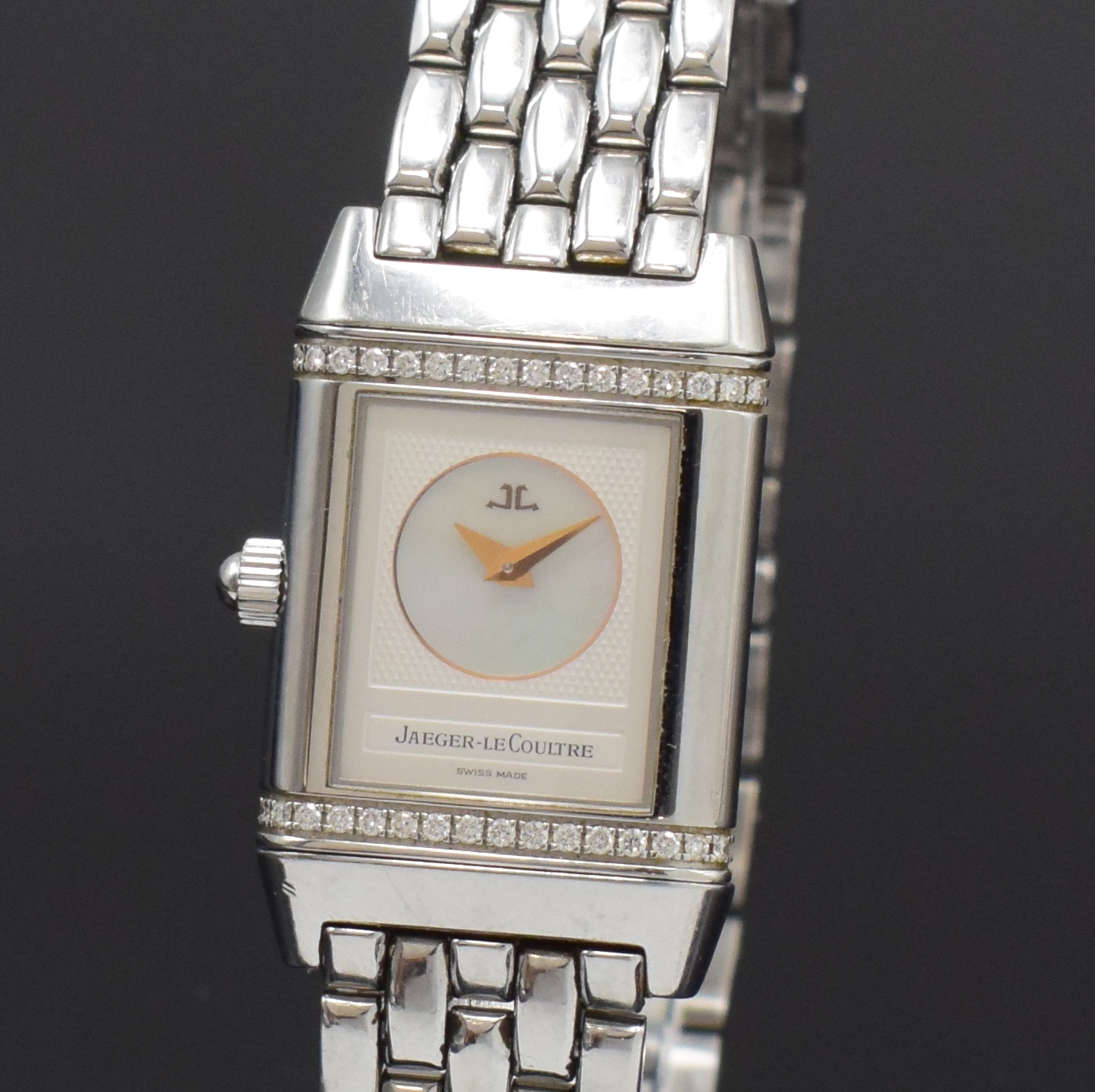 Detail c: Jaeger-LeCoultre Reverso Duetto Damenarmbanduhr Referenz 266.8.44, Schweiz um 2000, Handaufzug, Edelstahl-Wendegeh., orig. Gliederband m. dopp. ...