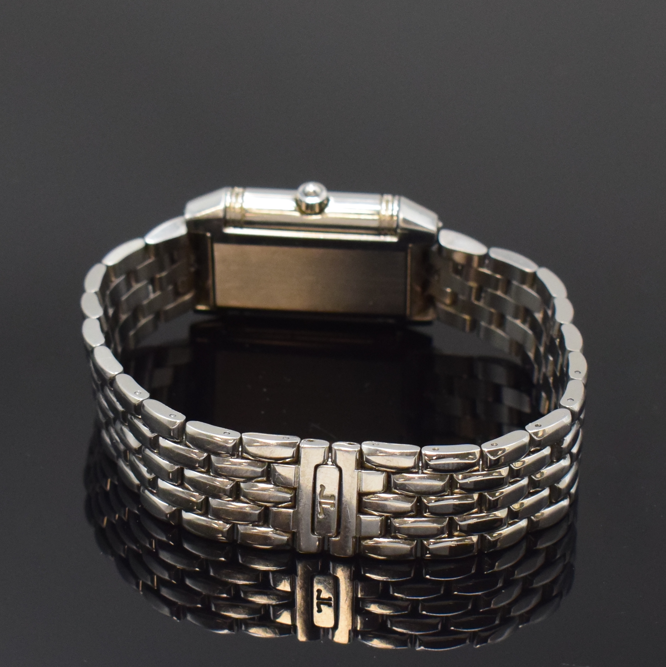 Detail d: Jaeger-LeCoultre Reverso Duetto Damenarmbanduhr Referenz 266.8.44, Schweiz um 2000, Handaufzug, Edelstahl-Wendegeh., orig. Gliederband m. dopp. ...