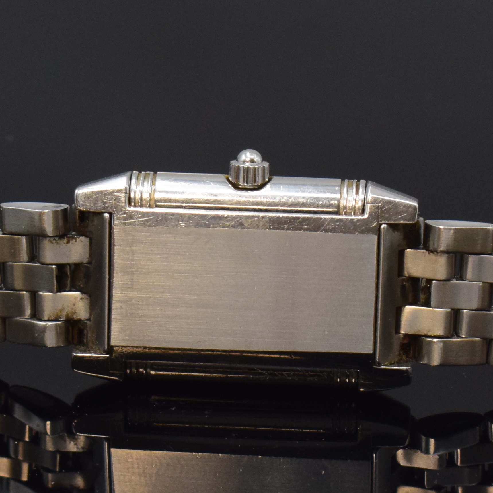 Detail f: Jaeger-LeCoultre Reverso Duetto Damenarmbanduhr Referenz 266.8.44, Schweiz um 2000, Handaufzug, Edelstahl-Wendegeh., orig. Gliederband m. dopp. ...