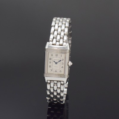 Image 26790793 - Jaeger-LeCoultre Reverso Duetto ladies wristwatch reference 266.8.44, Switzerland around 2000, manual winding, stainless steel- reverse case, original bracelet with butterfly buckle, one page engine-turned dial in the middle with mother of pearl and outside diamonds, gilded hands, other side silvered, Arabic numerals, blued steel hands, in center engine-turned, measures approx. 33 x 21 mm, length approx. 19,5 cm, JL box enclosed, signs of use otherwise condition 2