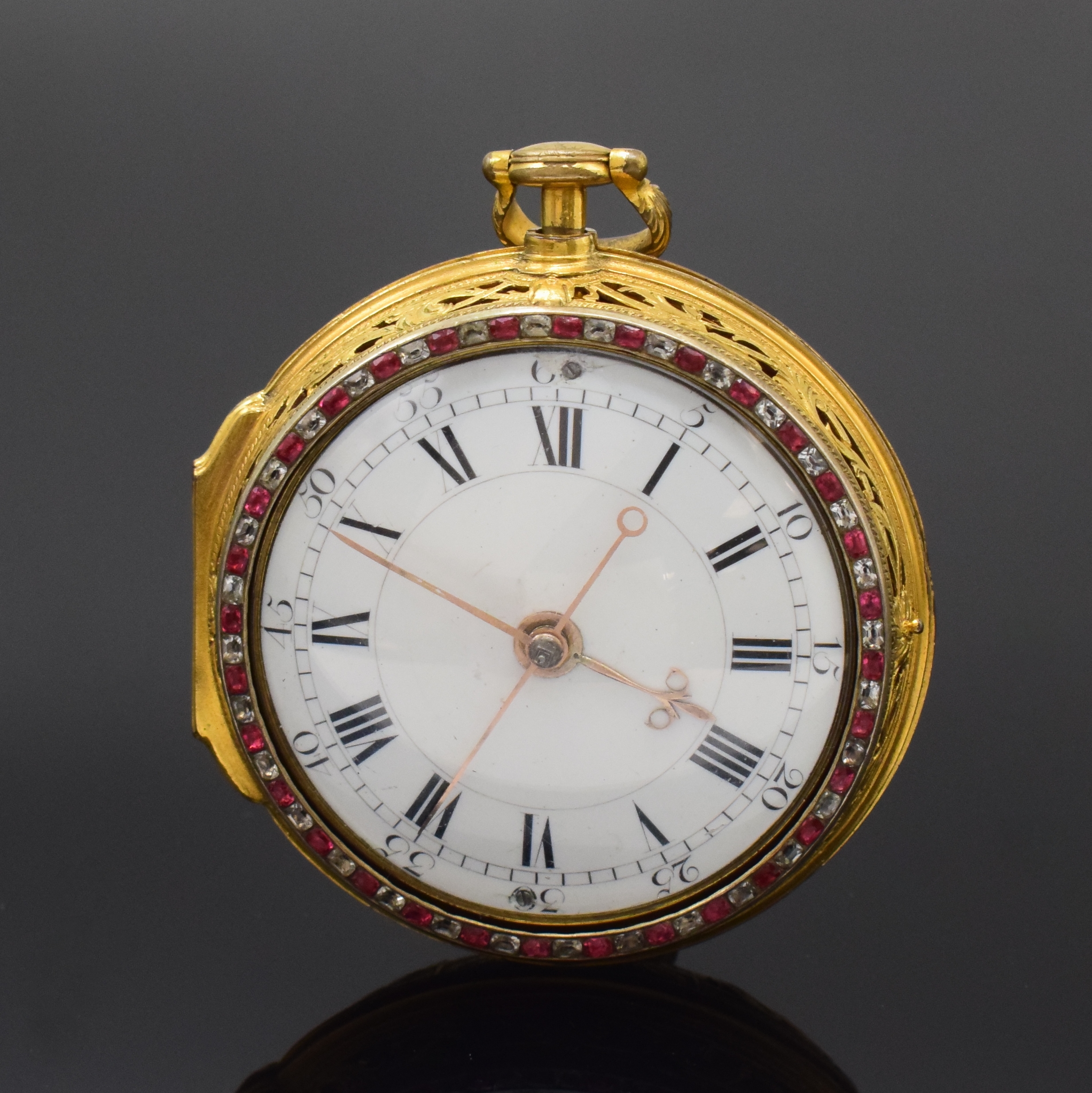 TIM. WLLIAMSON seltene, große Spindeltaschenuhr mit 1/4 Stunden-Selbstschlag und Zentralsekunde, England um 1780, aufw. durchbrochen und gravierte, ...