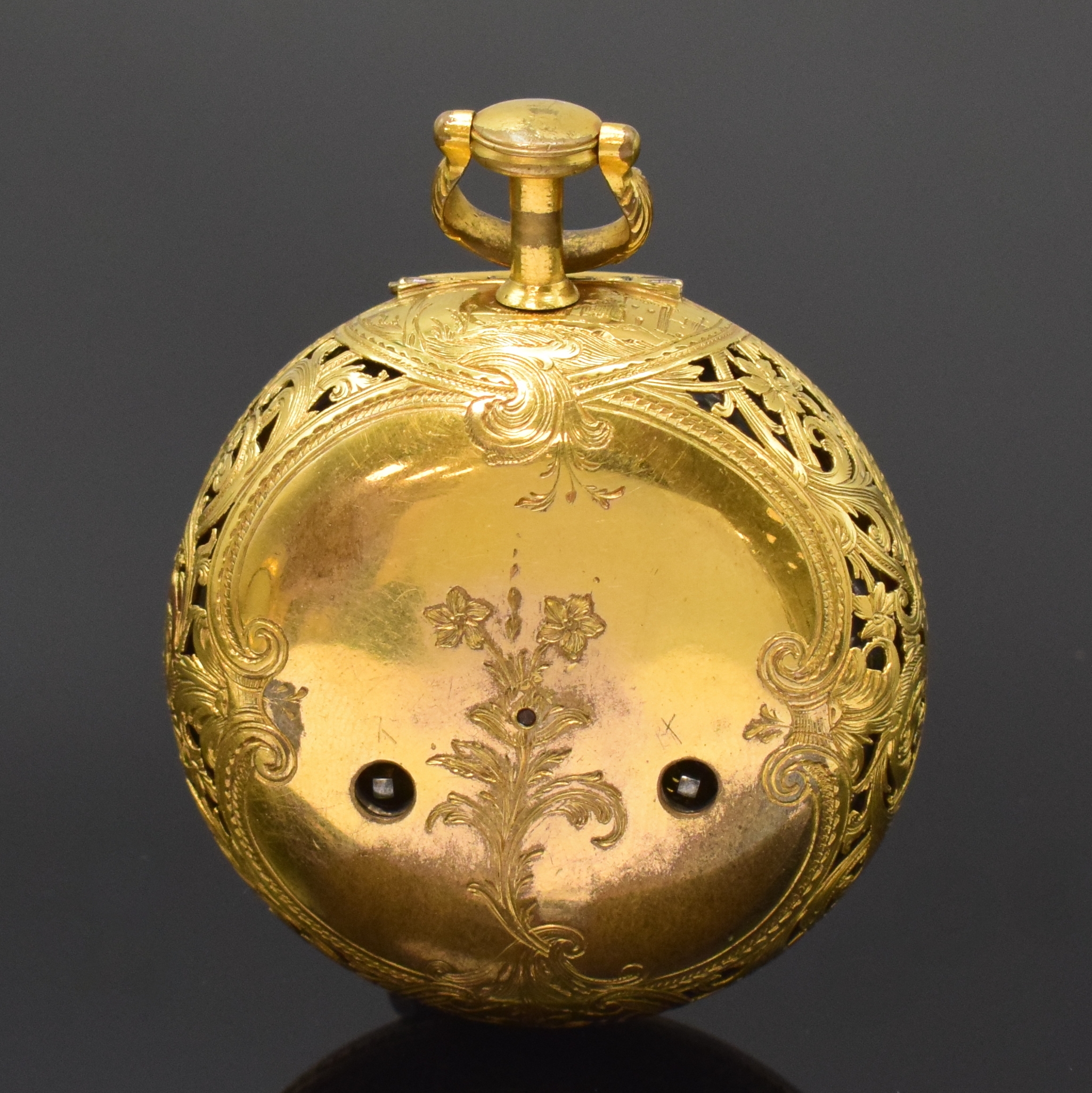 Detail c: TIM. WLLIAMSON seltene, große Spindeltaschenuhr mit 1/4 Stunden-Selbstschlag und Zentralsekunde, England um 1780, aufw. durchbrochen und gravierte, ...