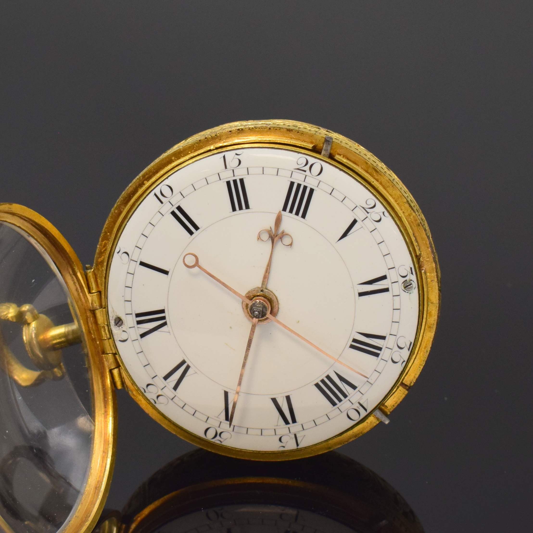 Detail d: TIM. WLLIAMSON seltene, große Spindeltaschenuhr mit 1/4 Stunden-Selbstschlag und Zentralsekunde, England um 1780, aufw. durchbrochen und gravierte, ...