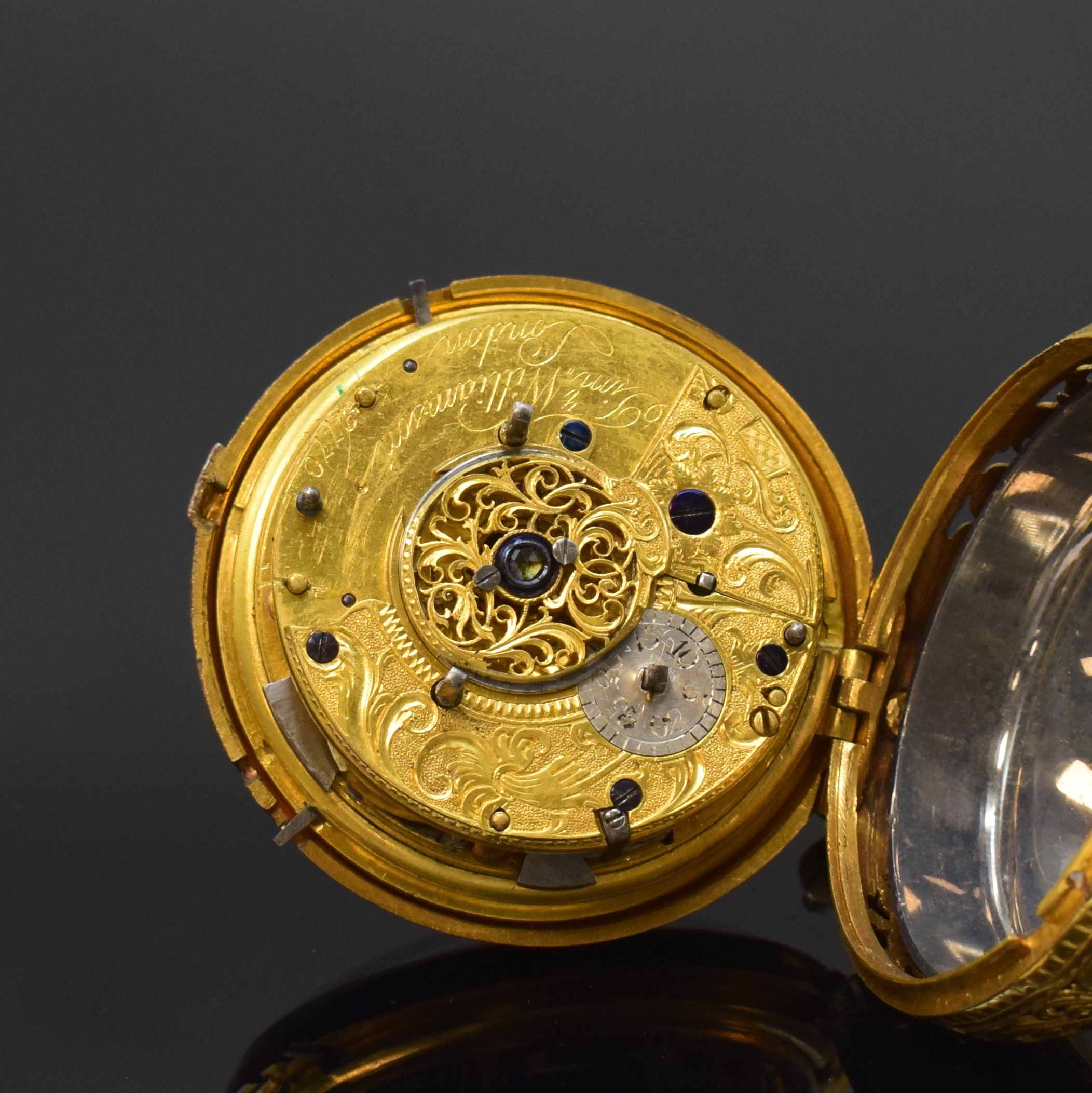 Detail e: TIM. WLLIAMSON seltene, große Spindeltaschenuhr mit 1/4 Stunden-Selbstschlag und Zentralsekunde, England um 1780, aufw. durchbrochen und gravierte, ...
