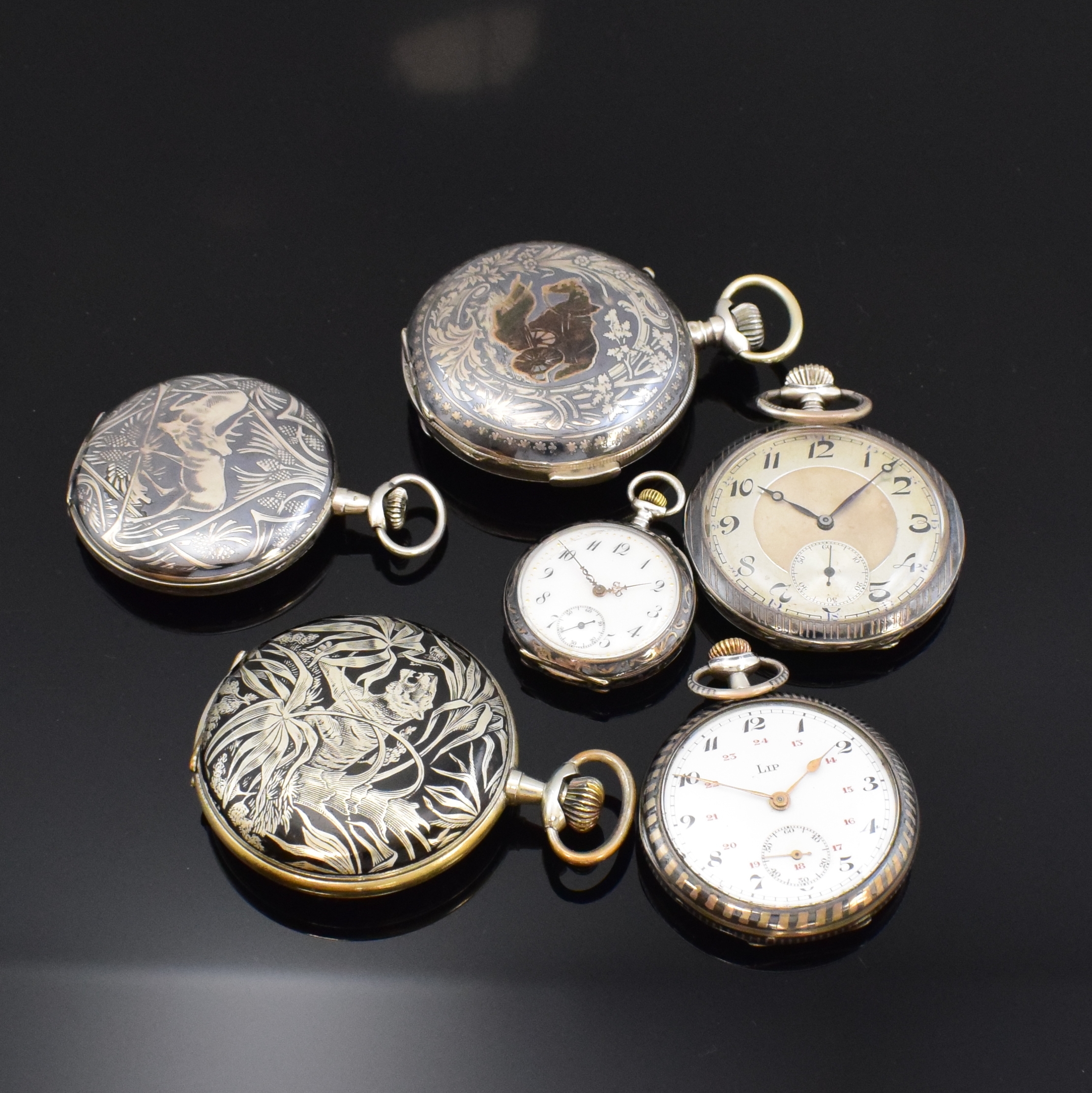 Detail a: Konvolut: 5 Tulasilber-Taschenuhren und eine Nickel Email-Savonette, Schweiz/Frankreich um 1900/1920, 3 x offene Geh., verschiedene Motive, 1 x mit ...