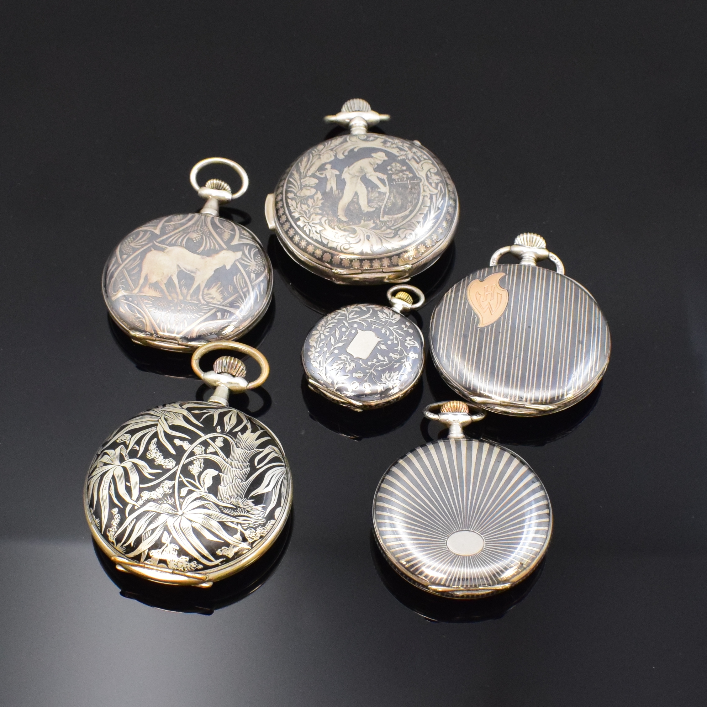 Detail b: Konvolut: 5 Tulasilber-Taschenuhren und eine Nickel Email-Savonette, Schweiz/Frankreich um 1900/1920, 3 x offene Geh., verschiedene Motive, 1 x mit ...