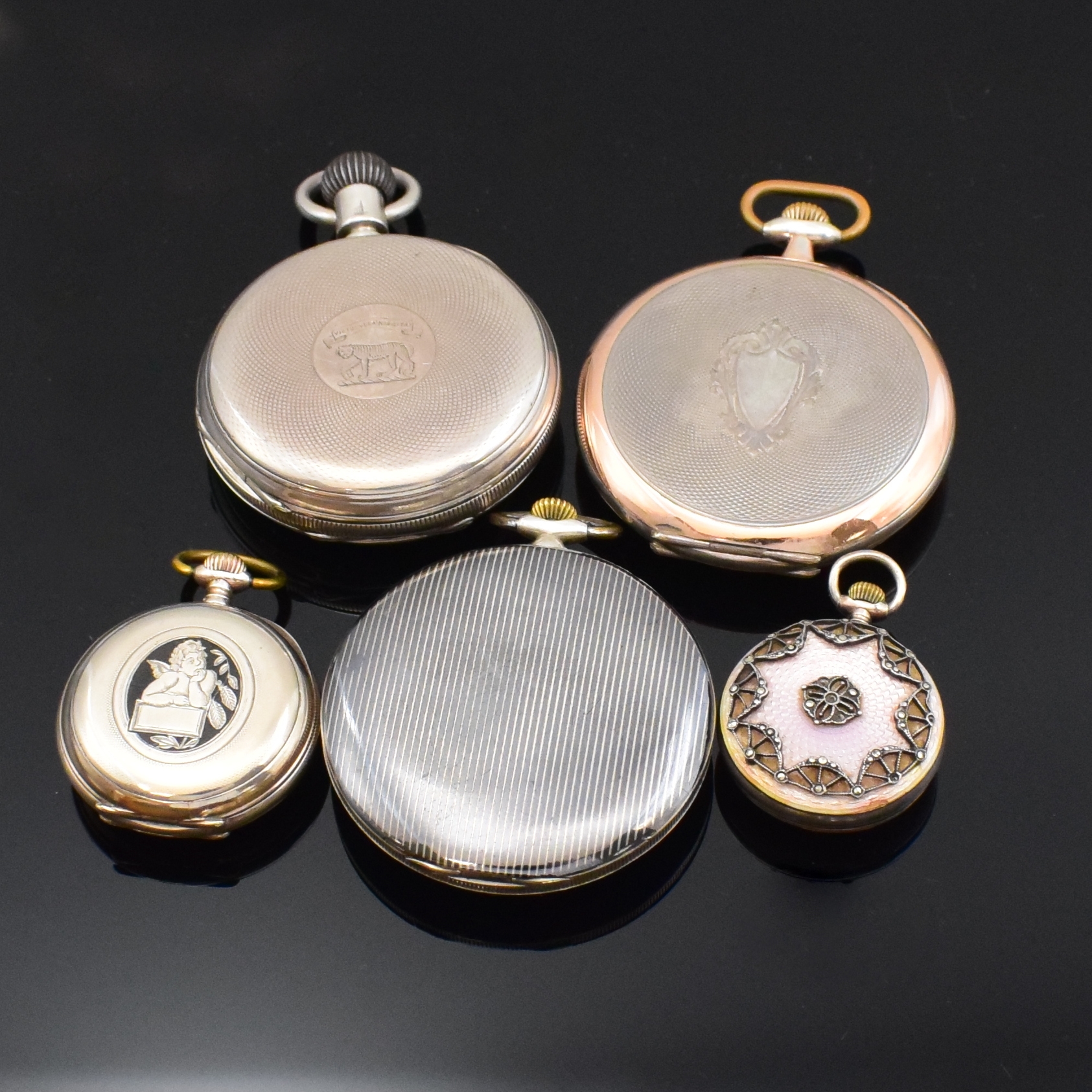 Detail c: Konvolut: 5 Silber-Taschenuhren, Schweiz/England um 1890/1920, 1 x Tulasilber, 2 x emailliert, 3 x Emailzifferbl., 2 Damentaschenuhren, 4 x ...