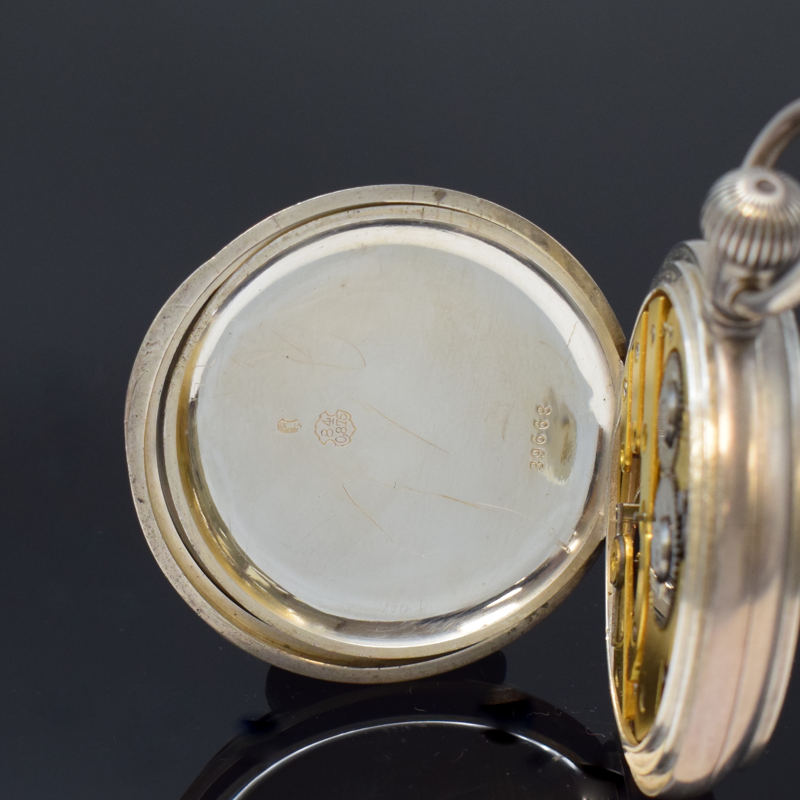 Detail f: TISSOT Savonette Herrentaschenuhr in 875er Silber für den russischen Markt, Schweiz um 1905, guill. Geh. beids. schwarz emaill., Sprungdeckel m. ...