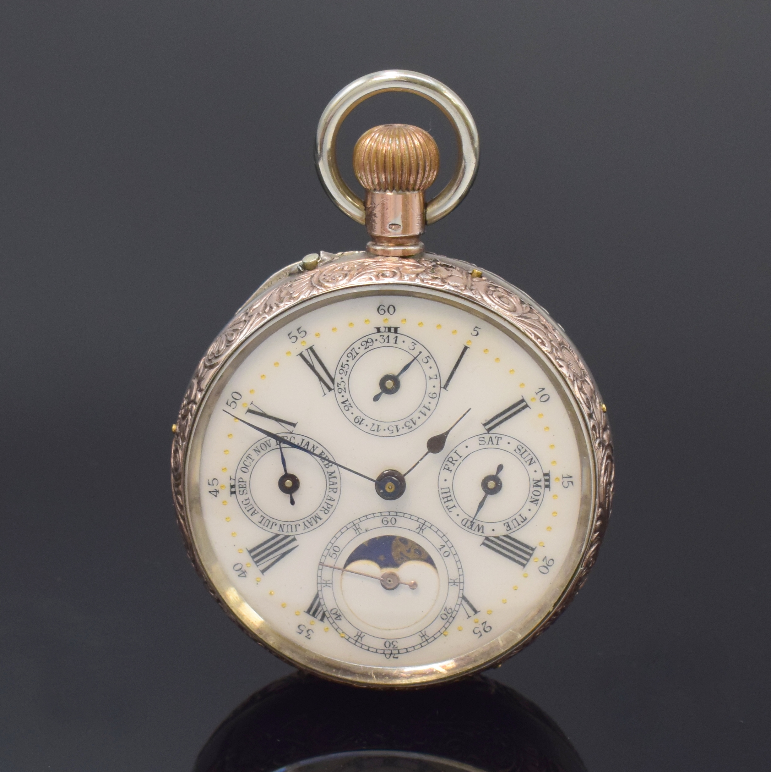 NAVAL Watch Co. Chaux de Fonds offene Kalendertaschenuhr mit Mondphase, Schweiz um 1890, guill. und graviertes Silbergeh. m. verg. Rändern, 2-teil. ...