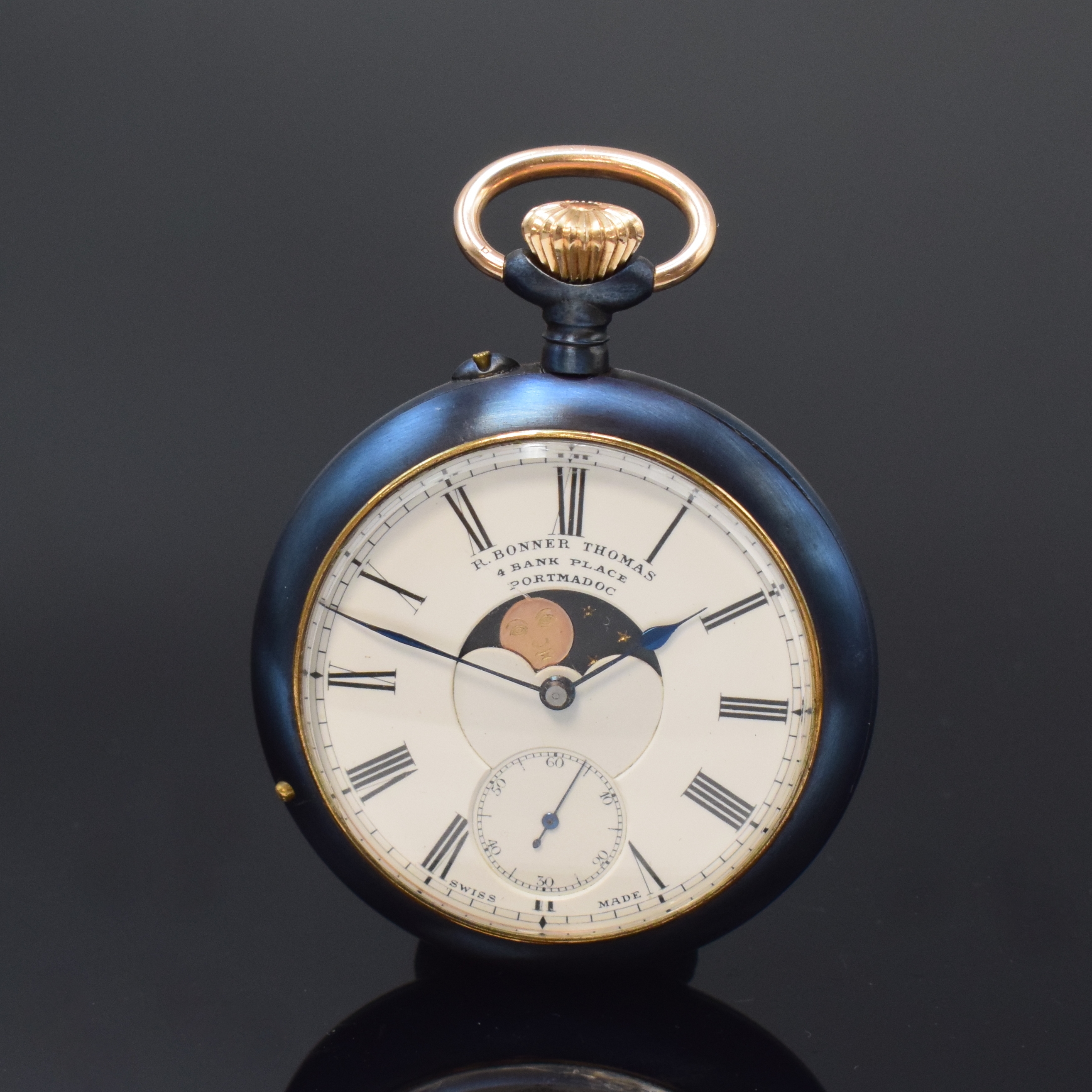 R. BONNER THOMAS 4 BANK PLACE PORTMADOC seltene, doppelseitige astronomische Taschenuhr, Schweiz um 1900, z. T. verg., nachtr. gebl. Metallgeh., ...