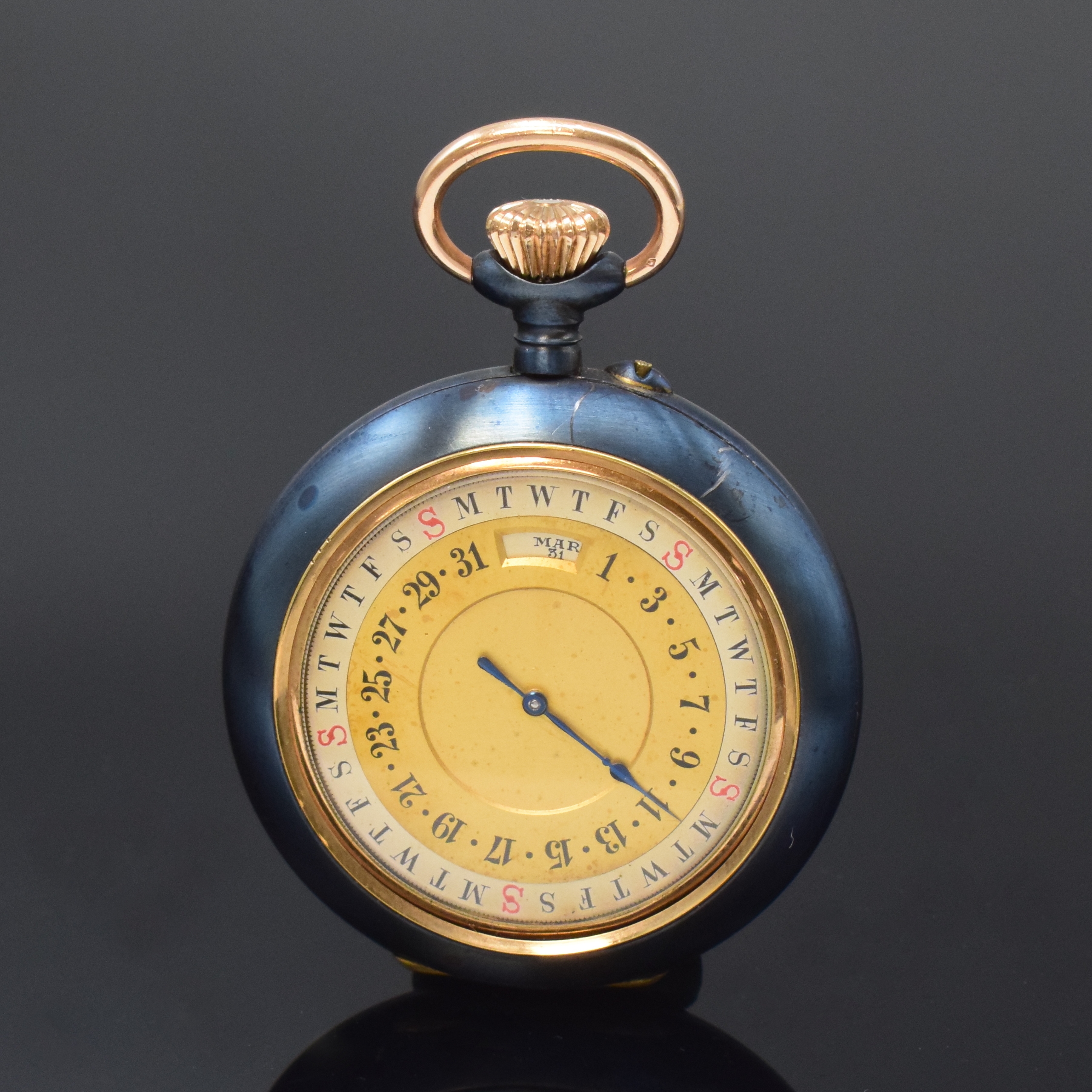 Detail a: R. BONNER THOMAS 4 BANK PLACE PORTMADOC seltene, doppelseitige astronomische Taschenuhr, Schweiz um 1900, z. T. verg., nachtr. gebl. Metallgeh., ...