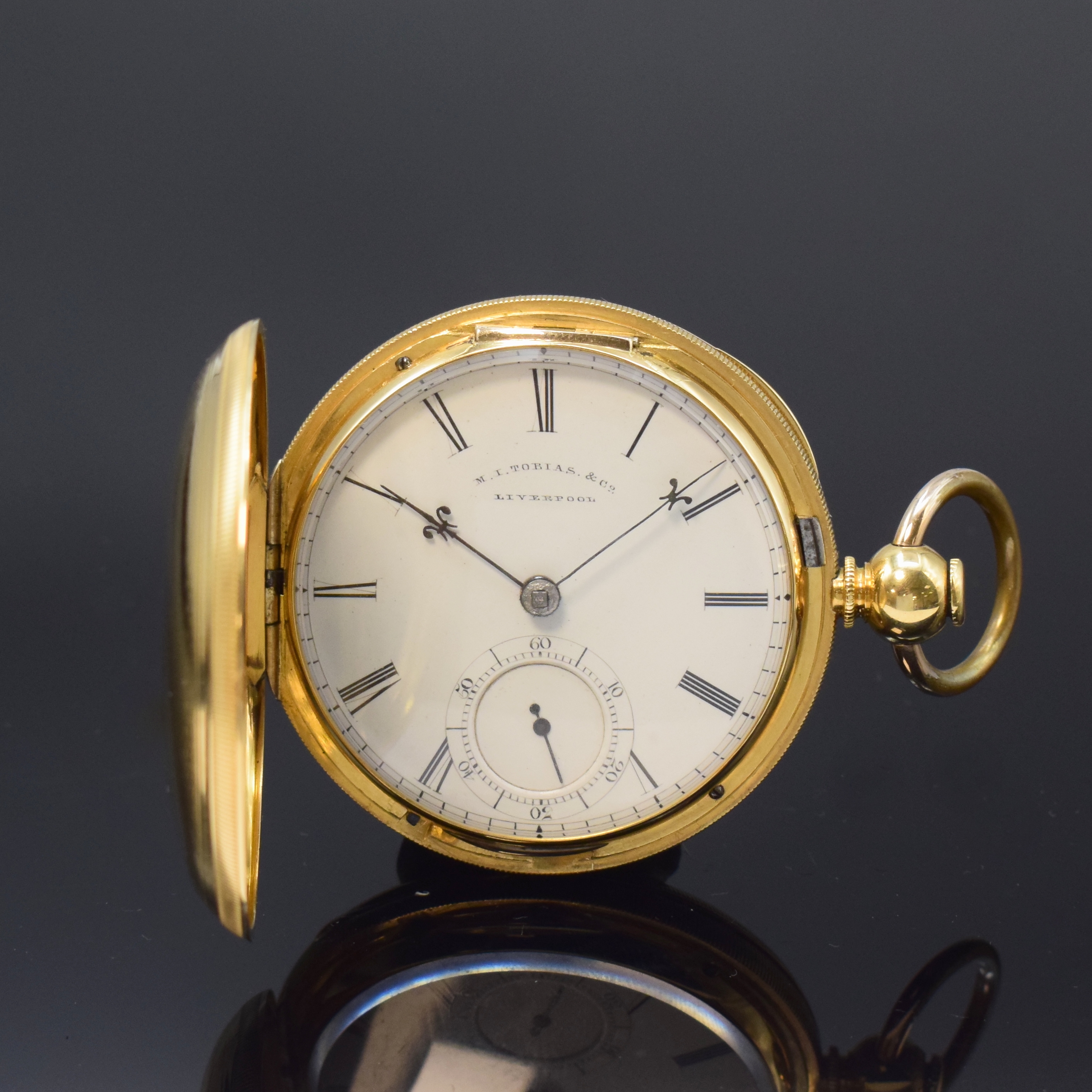 M. I. TOBIAS & Co. Liverpool frühe Savonette Schlüsseltaschenuhr in GG 750/000, England um 1820, schweres, guill. Goldgeh. dell./ber., 2-teil. ...