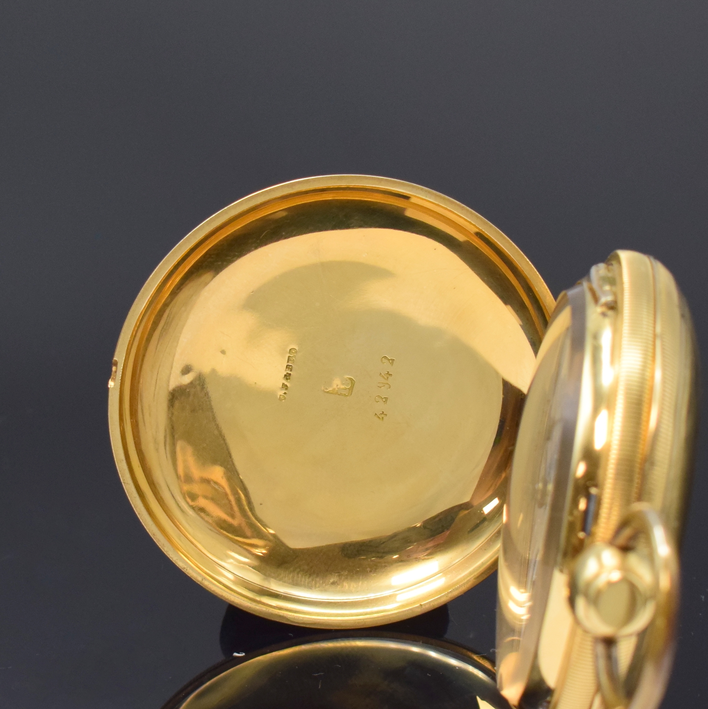 Detail a: M. I. TOBIAS & Co. Liverpool frühe Savonette Schlüsseltaschenuhr in GG 750/000, England um 1820, schweres, guill. Goldgeh. dell./ber., 2-teil. ...