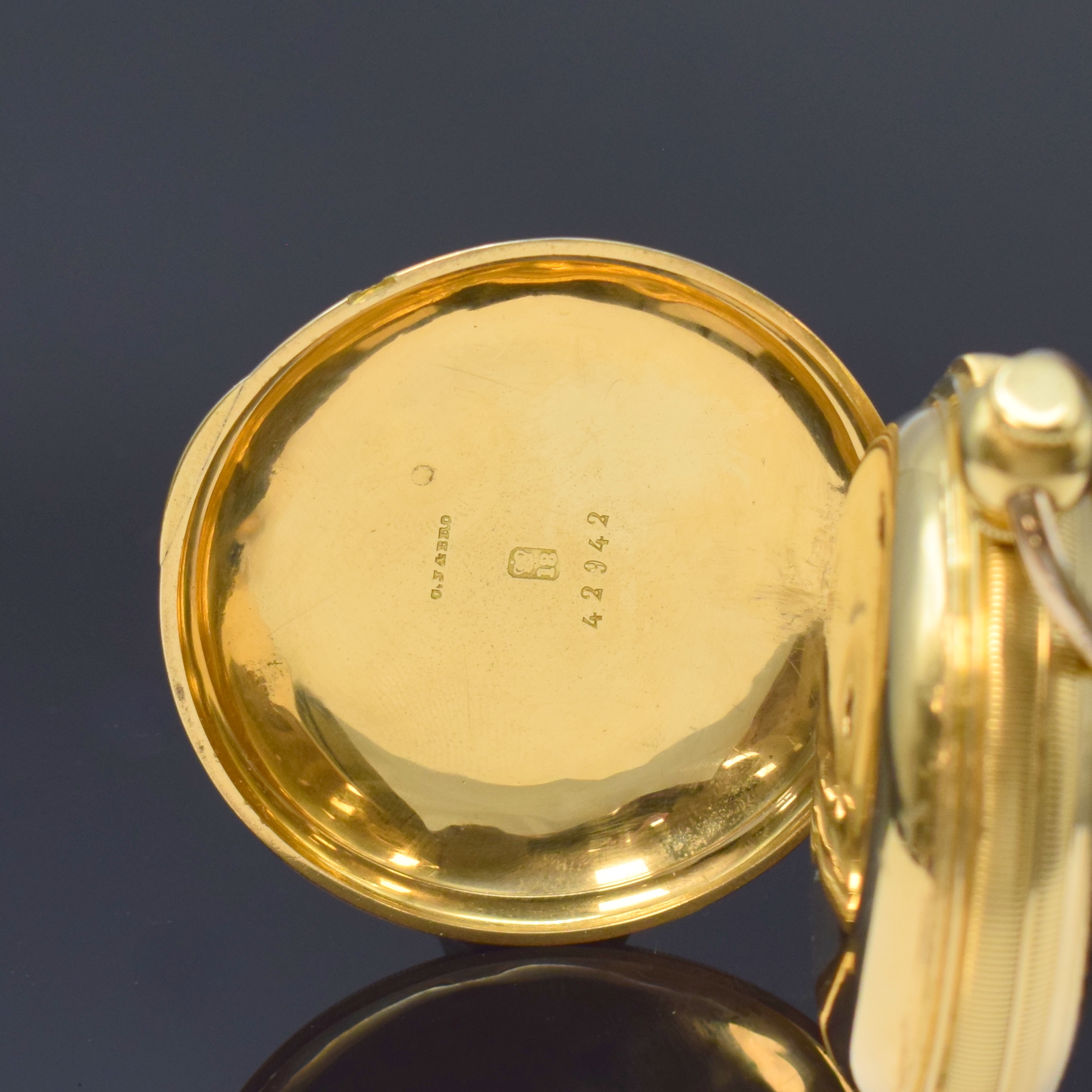 Detail c: M. I. TOBIAS & Co. Liverpool frühe Savonette Schlüsseltaschenuhr in GG 750/000, England um 1820, schweres, guill. Goldgeh. dell./ber., 2-teil. ...