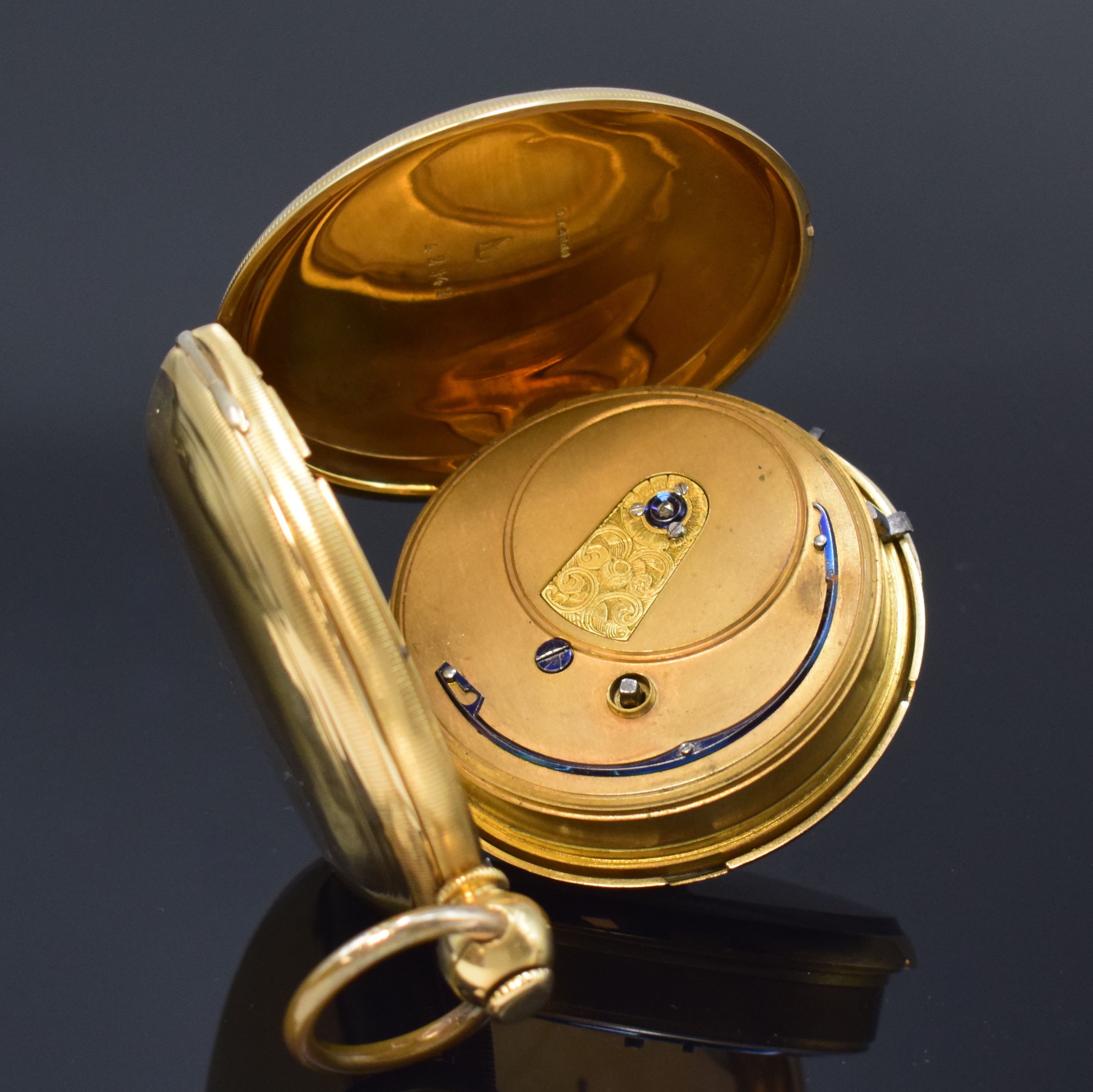 Detail f: M. I. TOBIAS & Co. Liverpool frühe Savonette Schlüsseltaschenuhr in GG 750/000, England um 1820, schweres, guill. Goldgeh. dell./ber., 2-teil. ...