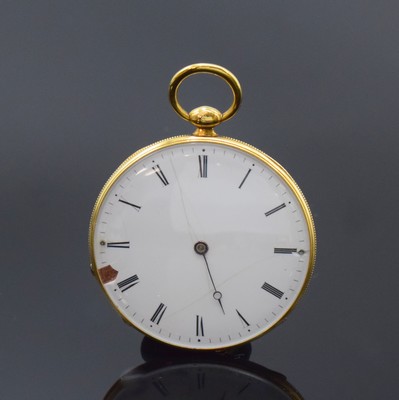 Image 26790947 - Fine, very thin 18k yellow gold cylinder pocket watch, Switzerland around 1840, fine engraved 2-cover gold case, back side in center with 2-coloured enamel-cartridge, enamel dial strong faulty, minutes-hands has to be replaced, very thin, complete floral- engraved movement with negative winding and hand setting, diameter approx. 43 mm, height including glass approx. 7 mm, cylinder has to be replaced, except dial condition 2-3, property of a collector