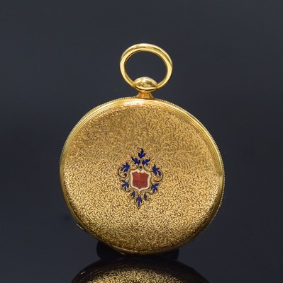 26790947a - Fine, very thin 18k yellow gold cylinder pocket watch, Switzerland around 1840, fine engraved 2-cover gold case, back side in center with 2-coloured enamel-cartridge, enamel dial strong faulty, minutes-hands has to be replaced, very thin, complete floral- engraved movement with negative winding and hand setting, diameter approx. 43 mm, height including glass approx. 7 mm, cylinder has to be replaced, except dial condition 2-3, property of a collector