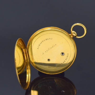 26790947c - Fine, very thin 18k yellow gold cylinder pocket watch, Switzerland around 1840, fine engraved 2-cover gold case, back side in center with 2-coloured enamel-cartridge, enamel dial strong faulty, minutes-hands has to be replaced, very thin, complete floral- engraved movement with negative winding and hand setting, diameter approx. 43 mm, height including glass approx. 7 mm, cylinder has to be replaced, except dial condition 2-3, property of a collector