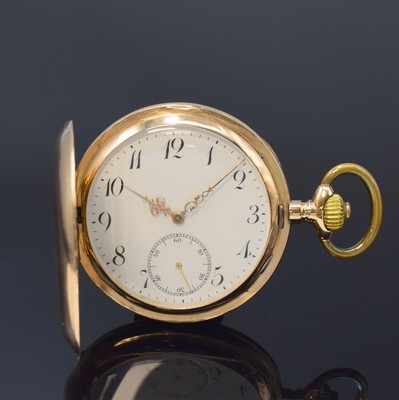 Image 26790960 - 14k pink gold hunting cased pocket watch, Switzerland around 1910, engine-turned 2-cover gold case dent, hunter cover with monogram, enamel dial with Arabic numerals, implied 3/4 plate movement gold-plated, compensation- balance, Breguet-hairspring, diameter approx. 51 mm, weight, approx. 94g, condition 2-3, property of a collector