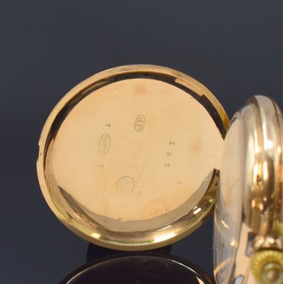 26790960a - 14k pink gold hunting cased pocket watch, Switzerland around 1910, engine-turned 2-cover gold case dent, hunter cover with monogram, enamel dial with Arabic numerals, implied 3/4 plate movement gold-plated, compensation- balance, Breguet-hairspring, diameter approx. 51 mm, weight, approx. 94g, condition 2-3, property of a collector