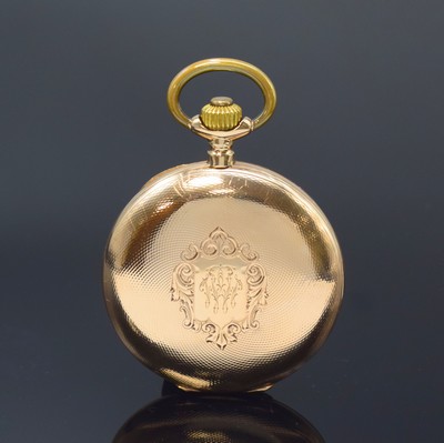 26790960b - 14k pink gold hunting cased pocket watch, Switzerland around 1910, engine-turned 2-cover gold case dent, hunter cover with monogram, enamel dial with Arabic numerals, implied 3/4 plate movement gold-plated, compensation- balance, Breguet-hairspring, diameter approx. 51 mm, weight, approx. 94g, condition 2-3, property of a collector