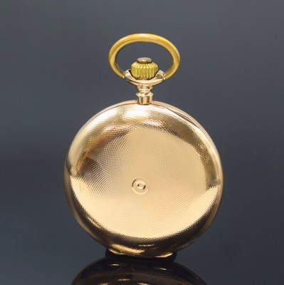 26790960c - 14k pink gold hunting cased pocket watch, Switzerland around 1910, engine-turned 2-cover gold case dent, hunter cover with monogram, enamel dial with Arabic numerals, implied 3/4 plate movement gold-plated, compensation- balance, Breguet-hairspring, diameter approx. 51 mm, weight, approx. 94g, condition 2-3, property of a collector