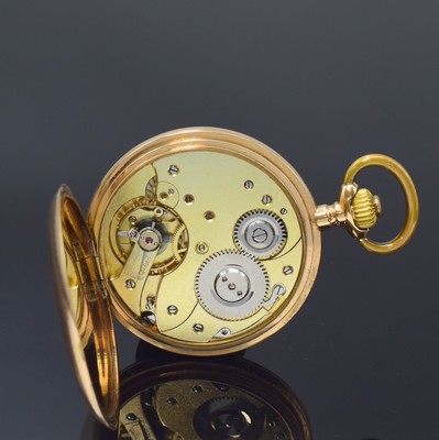 26790960g - 14k pink gold hunting cased pocket watch, Switzerland around 1910, engine-turned 2-cover gold case dent, hunter cover with monogram, enamel dial with Arabic numerals, implied 3/4 plate movement gold-plated, compensation- balance, Breguet-hairspring, diameter approx. 51 mm, weight, approx. 94g, condition 2-3, property of a collector