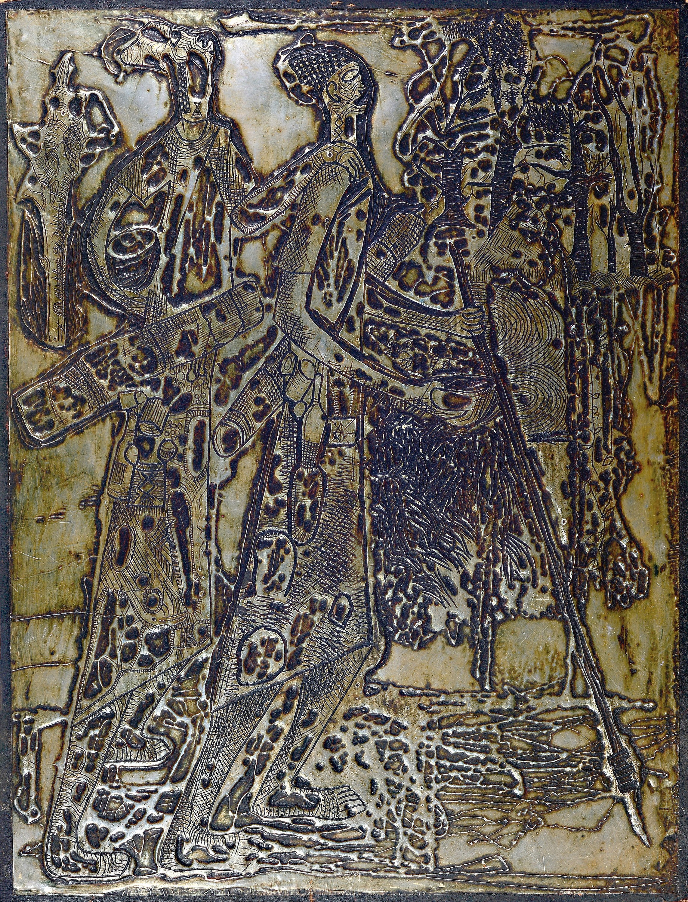 Detail e: Bruce Onobrakpeya, geb. 1932, zeitgen. nigerianischer Künstler, Metal foil deep etching, durch den Künbstler entwickeltes plastographisches ...